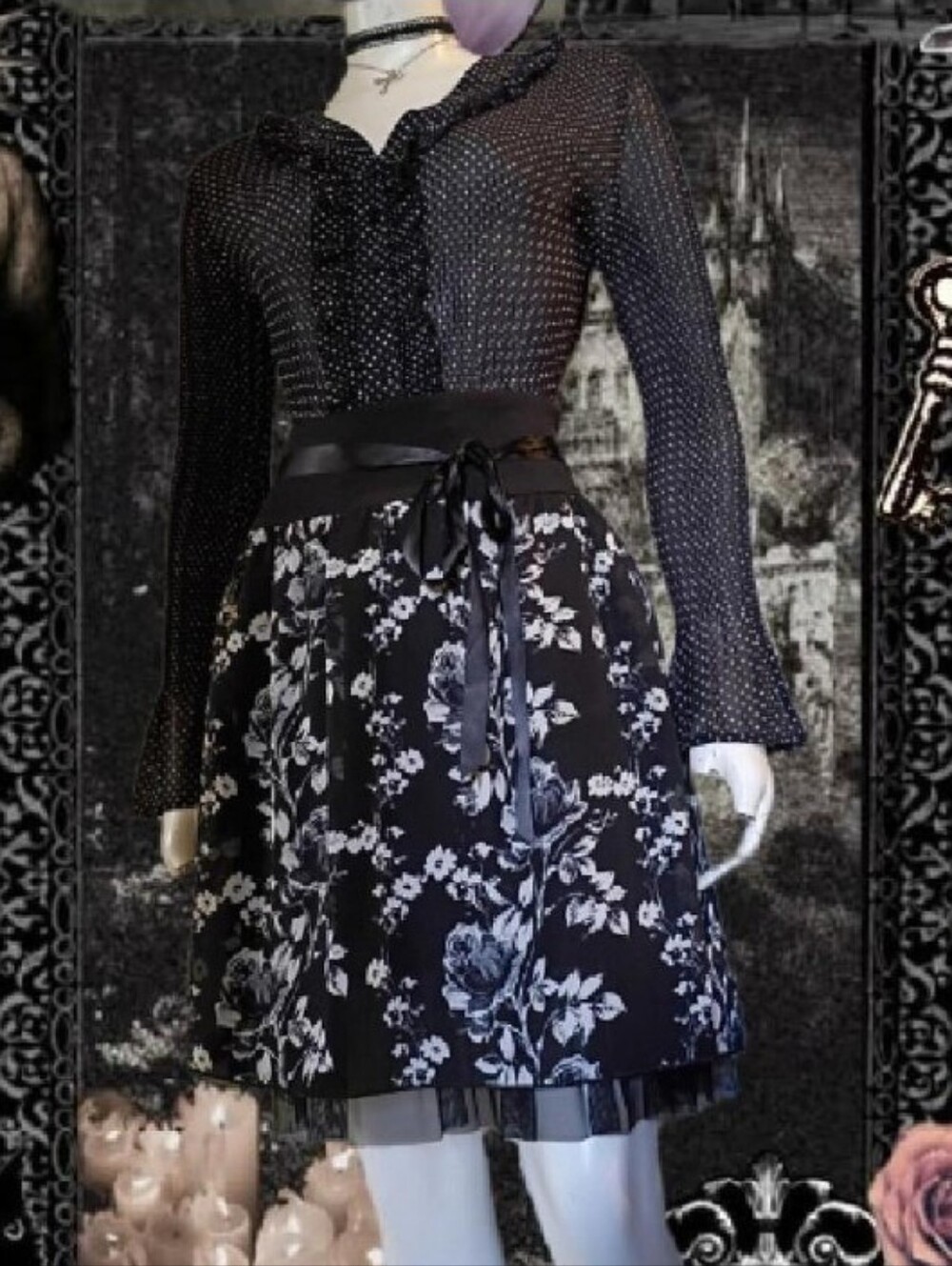 VTG Y2K Studio 253 Black & White Floral Rose Pattern Layered Ruffled Midi Skirt